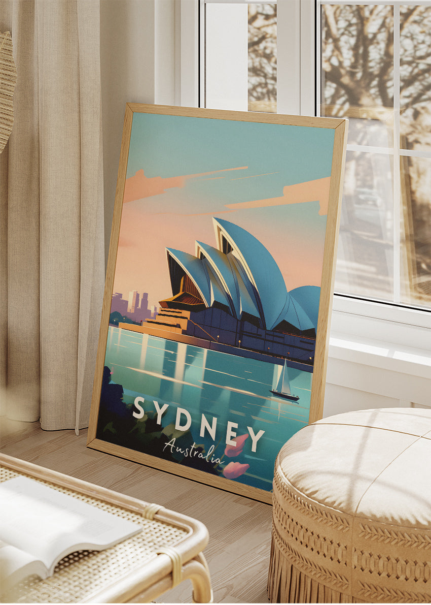 Sydney Australia Travel Poster & Canvas Wall Art – Modern Opera House Sunset Illustration Print