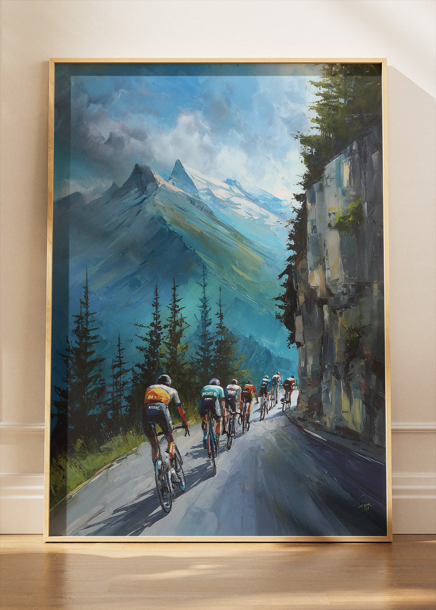 Alpine Cliffside Peloton Cycling Art Print & Canvas – Mountain Road Cycling Wall Art