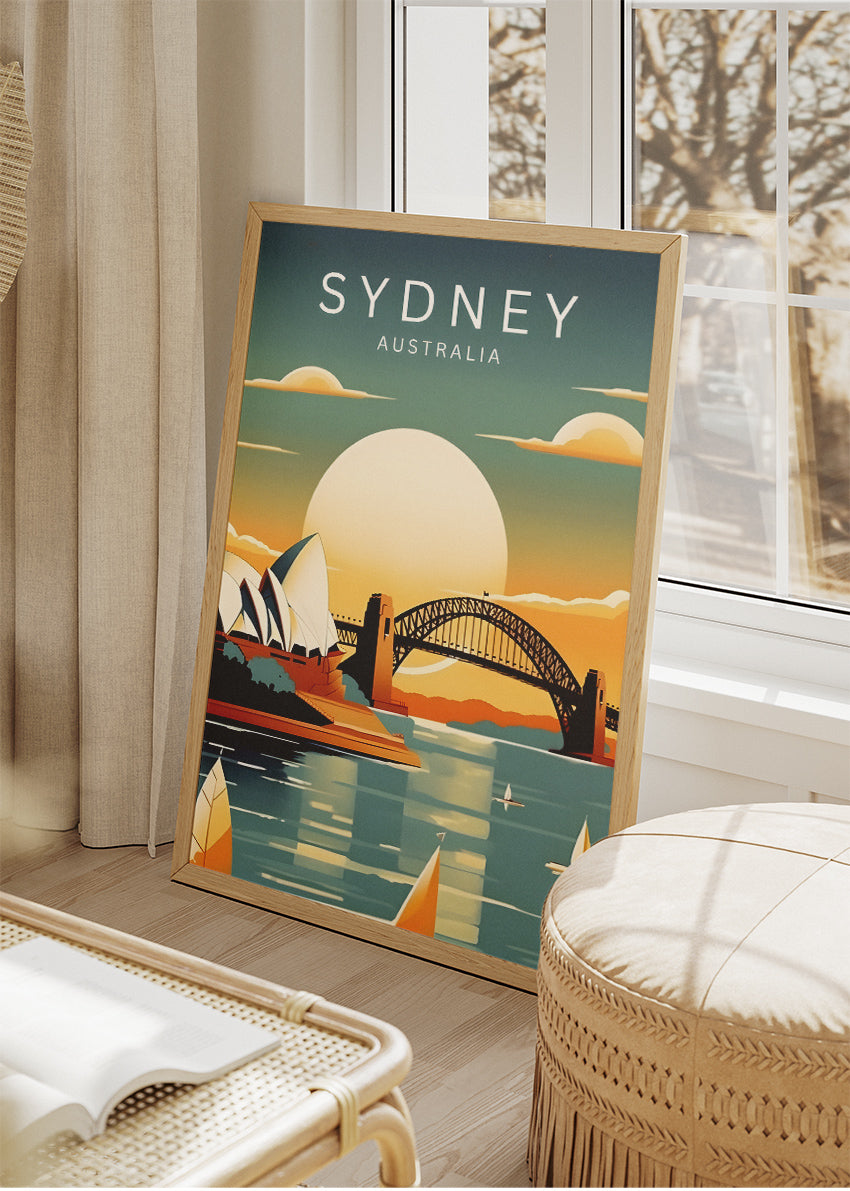 Sydney Australia Travel Poster & Canvas Wall Art – Harbour Bridge & Opera House Sunset Illustration Print