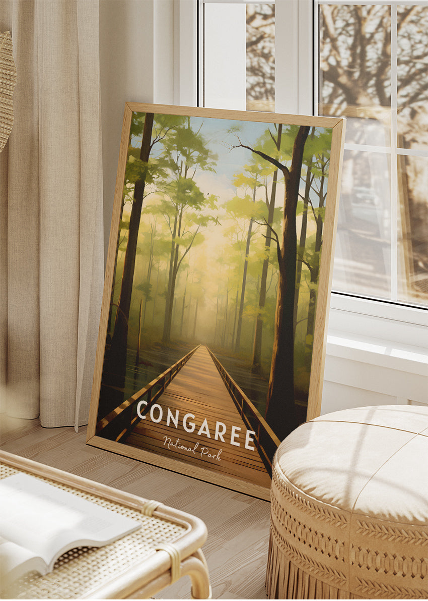 Congaree National Park Poster & Canvas Print – Illustrated Forest Boardwalk Landscape Wall Art