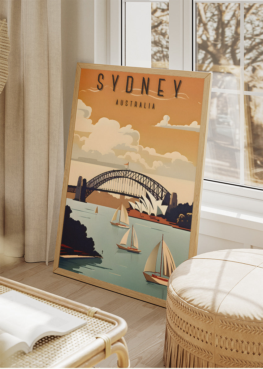 Sydney Australia Travel Poster & Canvas Wall Art – Harbour Bridge & Opera House Vintage Sailing Illustration