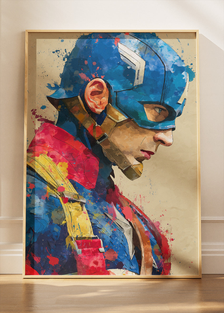Captain America – Watercolor Splash Portrait Canvas & Poster Print – AI PRINT LAB