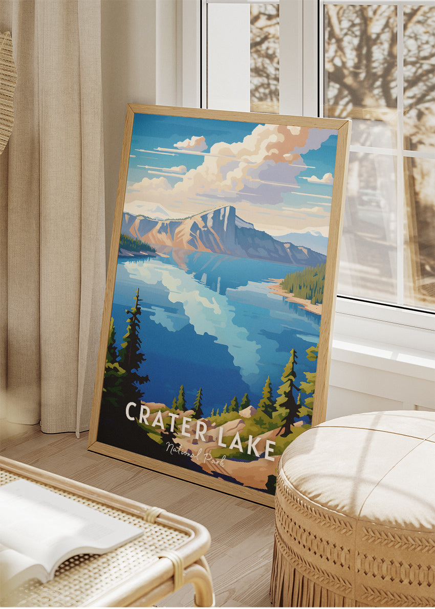 Crater Lake National Park Poster & Canvas Print – Illustrated Scenic Lake & Mountain Wall Art