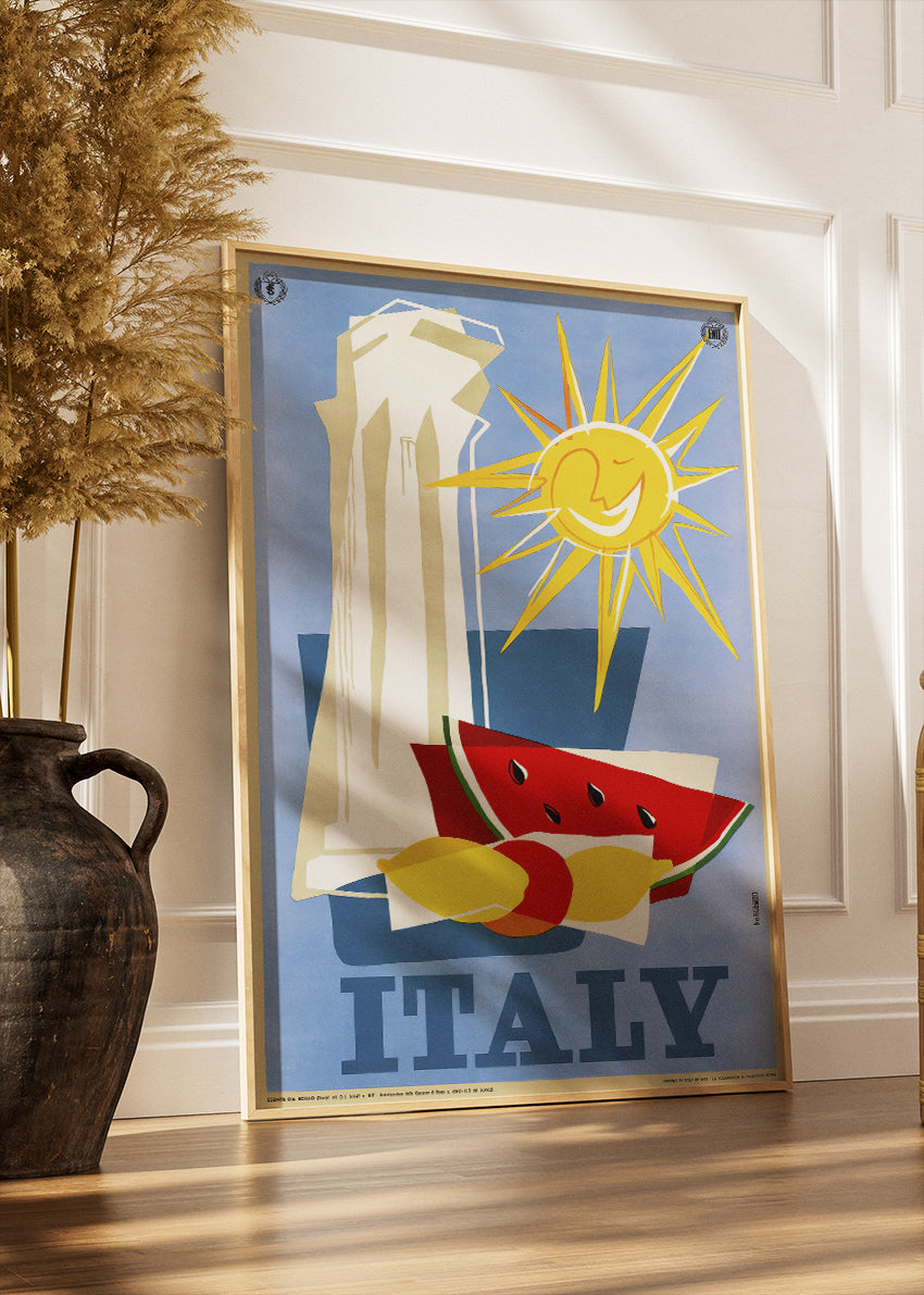Italy Poster & Canvas Print – Vintage Abstract Travel Art (Fruit & Sun Design)