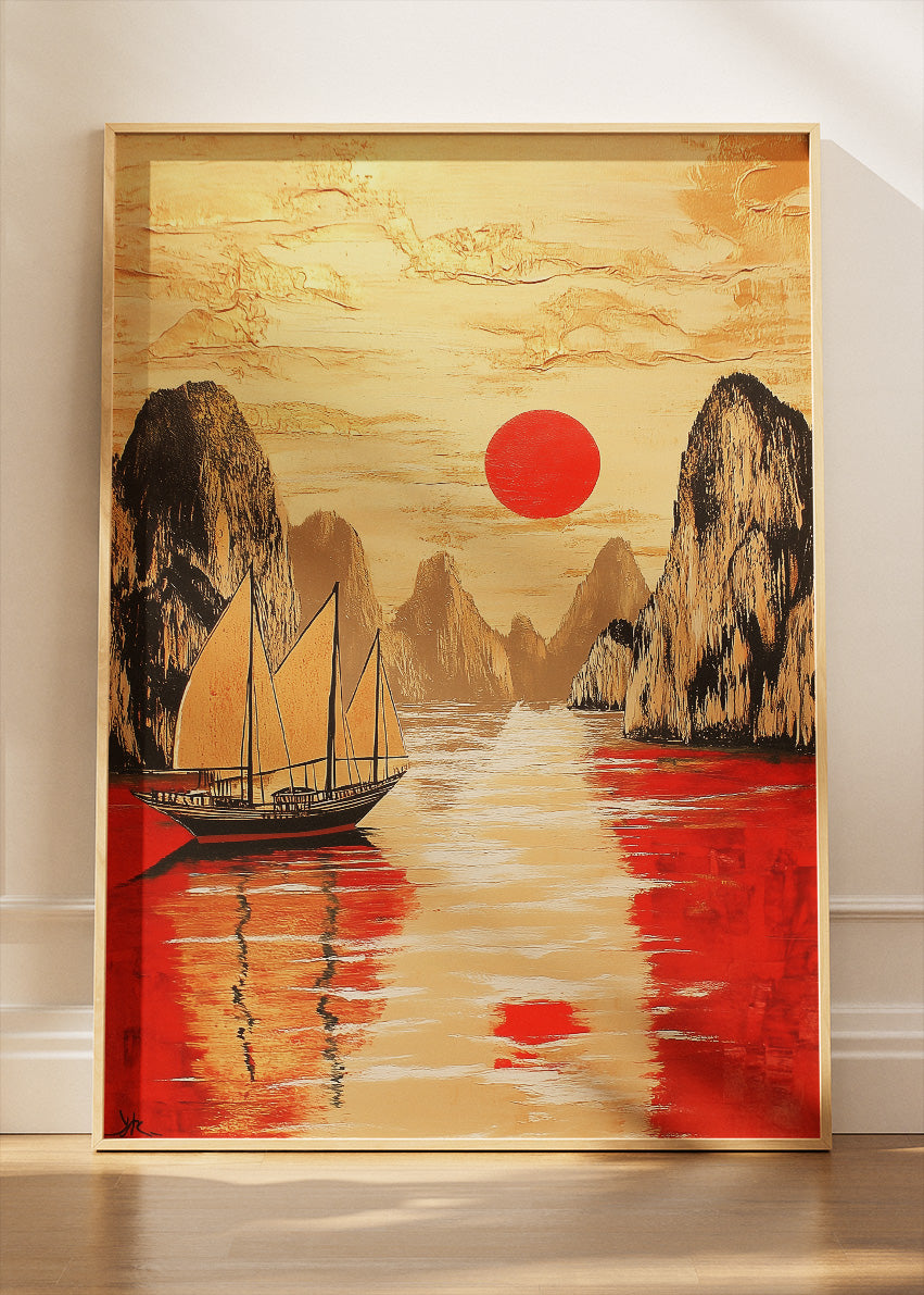 Crimson Sun Harbour – Oriental Inspired Mountain & Sailboat Wall Art Poster & Canvas – AI PRINT LAB