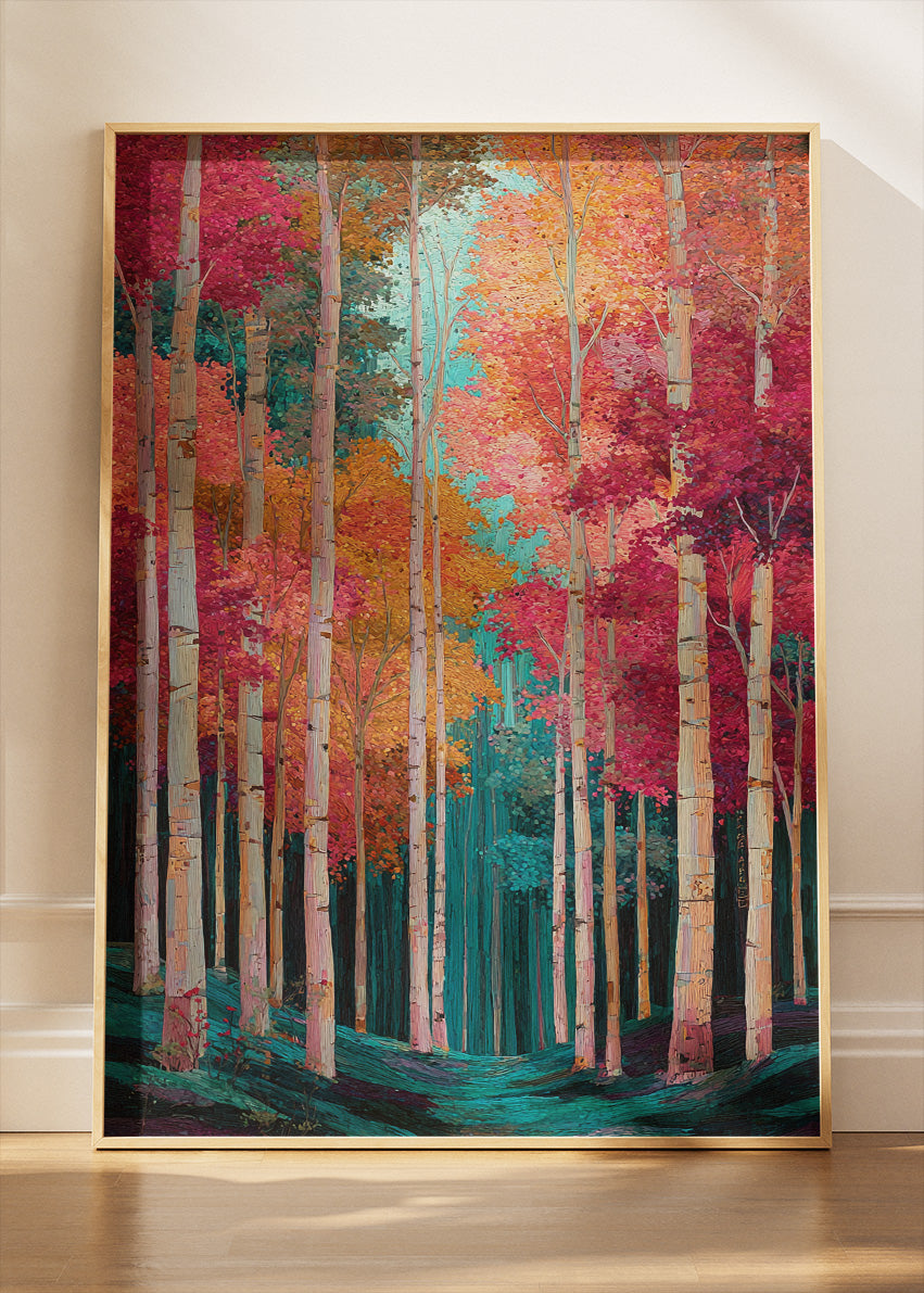 Vibrant Autumn Forest Wall Art – Colorful Birch Tree Canvas Print & Modern Nature Portrait Poster