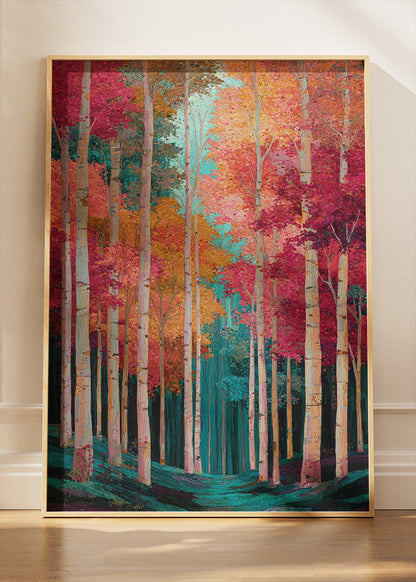 Vibrant Autumn Forest Wall Art – Colorful Birch Tree Canvas Print & Modern Nature Portrait Poster