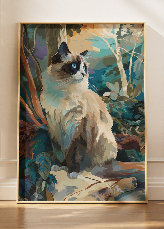 Ragdoll Cat Wall Art Print & Canvas – Elegant Long-Haired Cat in Forest Scene
