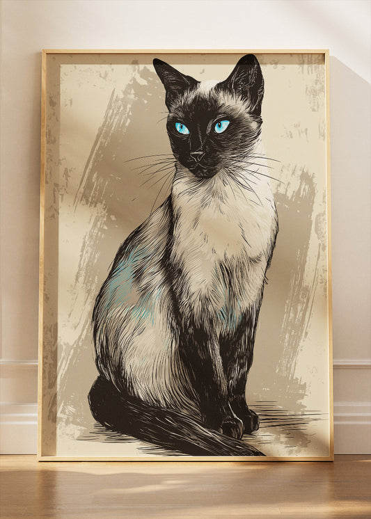 Siamese Cat Wall Art Print & Canvas – Elegant Blue-Eyed Cat Illustration