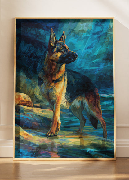 German Shepherd Poster & Canvas Print – Majestic Dog in Blue Wilderness Art