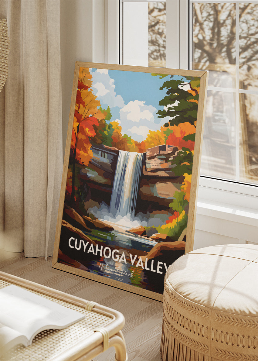 Cuyahoga Valley National Park Poster & Canvas Print – Illustrated Waterfall & Autumn Forest Wall Art