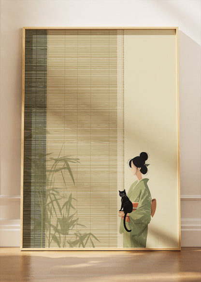 Japanese Minimalist Woman with Cat Wall Art – Zen Bamboo Canvas Print & Elegant Portrait Poster
