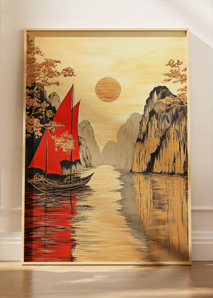 Golden Horizon with Crimson Sails – Oriental Inspired Mountain Harbour Wall Art – AI PRINT LAB