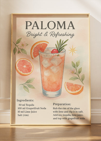 Paloma Cocktail Poster & Canvas Print | Watercolor Grapefruit Tequila Wall Art