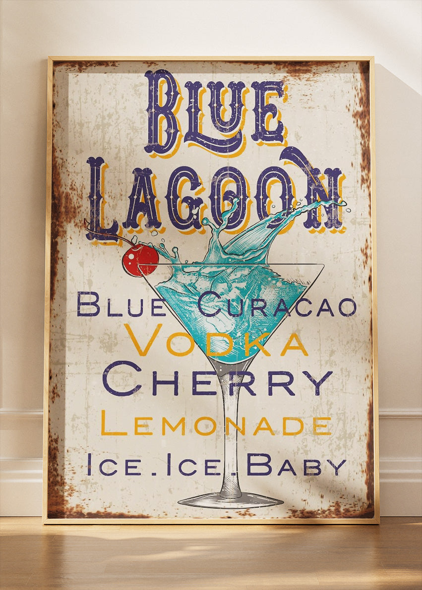 Blue Lagoon Vintage Cocktail Poster & Canvas Print | Retro Bar Sign Wall Art