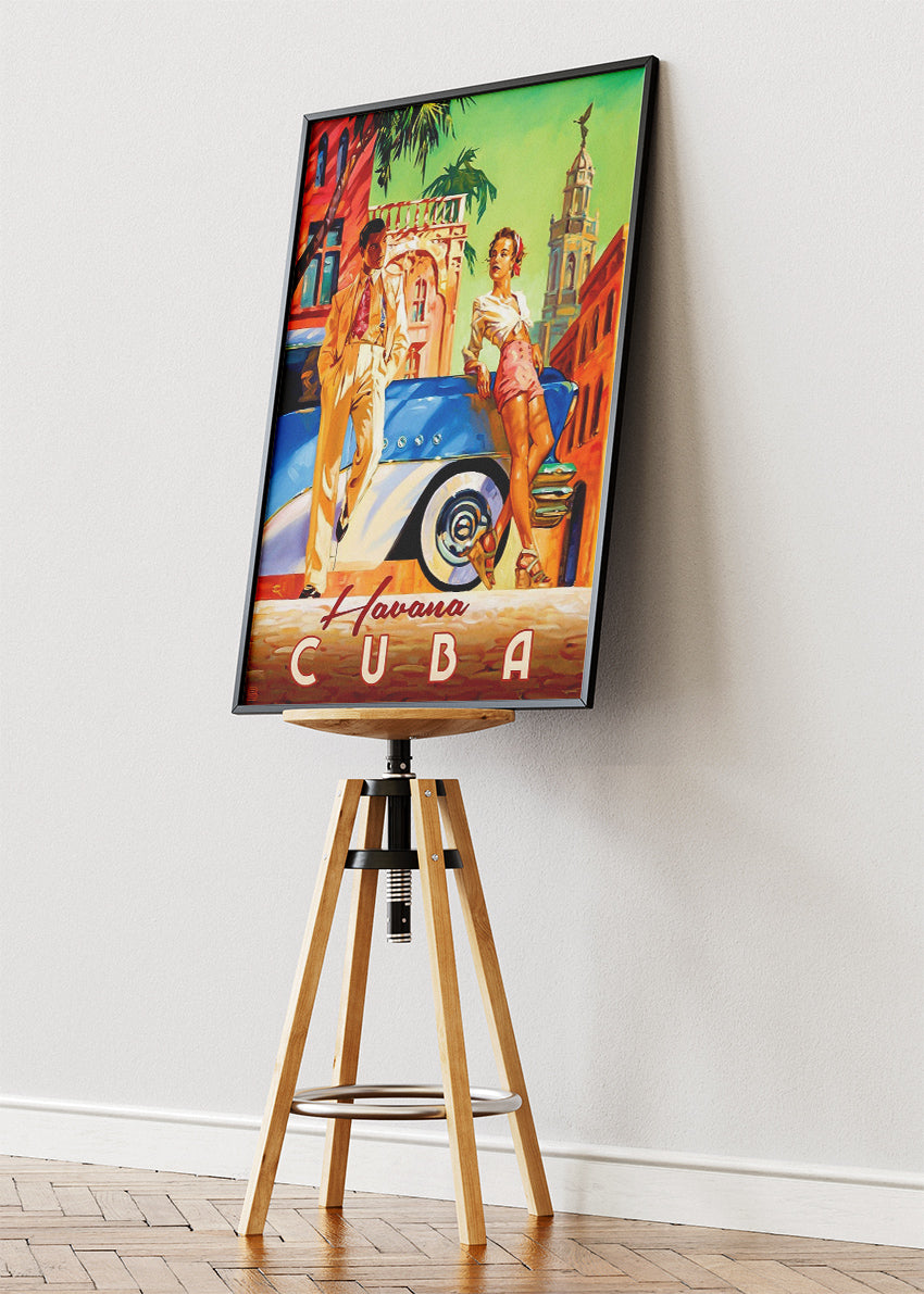 Havana Cuba Vintage Poster & Canvas Print – Retro Classic Car & Stylish Couple Illustration