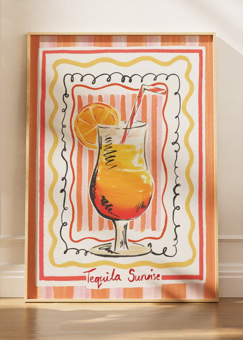 Tequila Sunrise Retro Illustration Poster & Canvas Print | Hand-Drawn Cocktail Wall Art