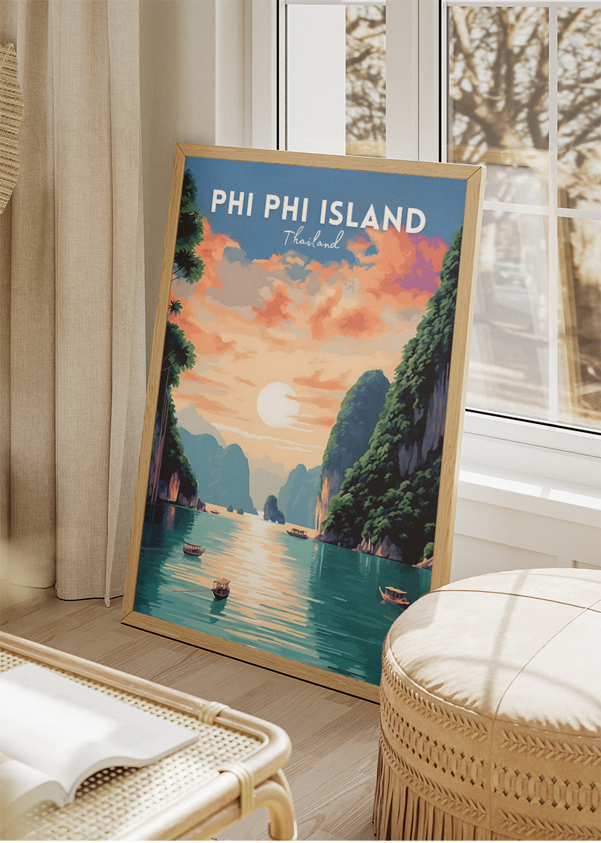 Phi Phi Island Thailand Poster & Canvas Print – Vintage Tropical Sunset Travel Art