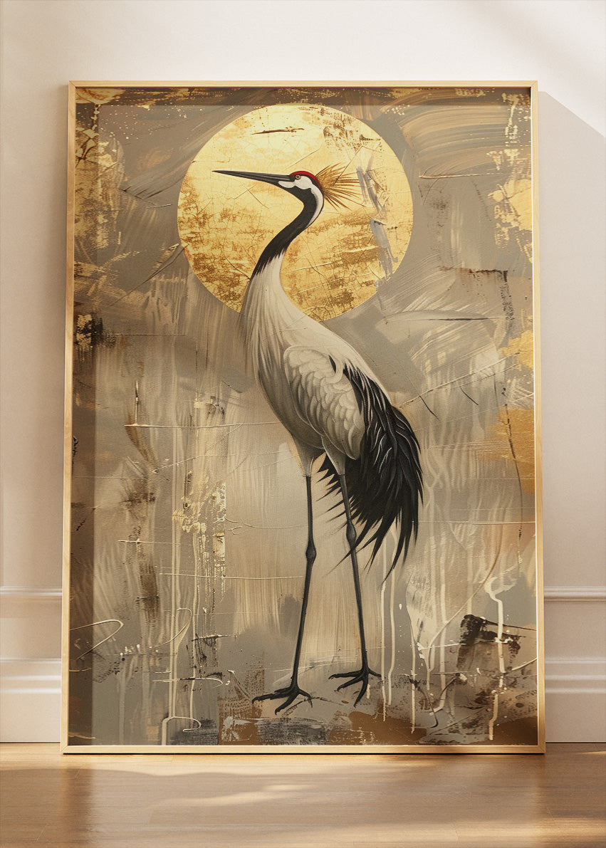 Golden Crane Poster & Canvas Print – Elegant Japanese Minimalist Bird Art