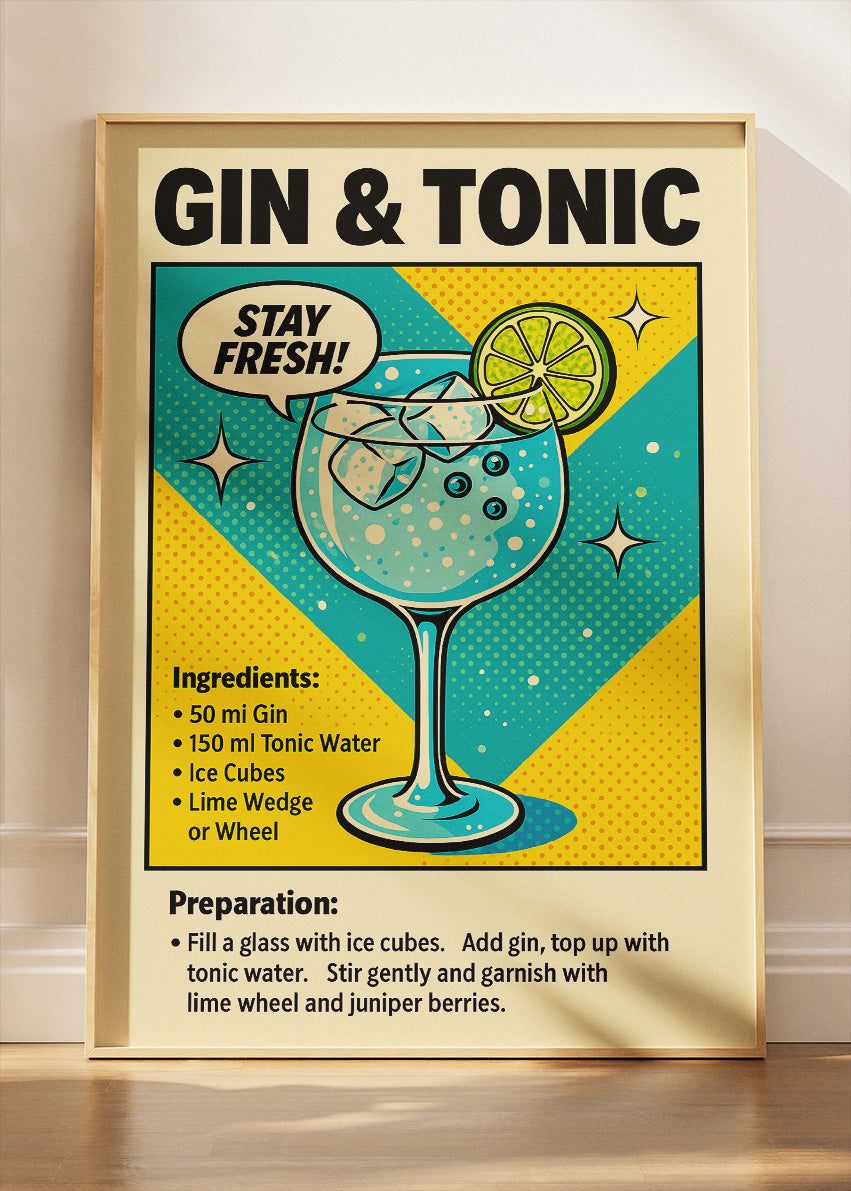 Gin & Tonic Pop Art Cocktail Poster & Canvas Print | Retro Bar Wall Art