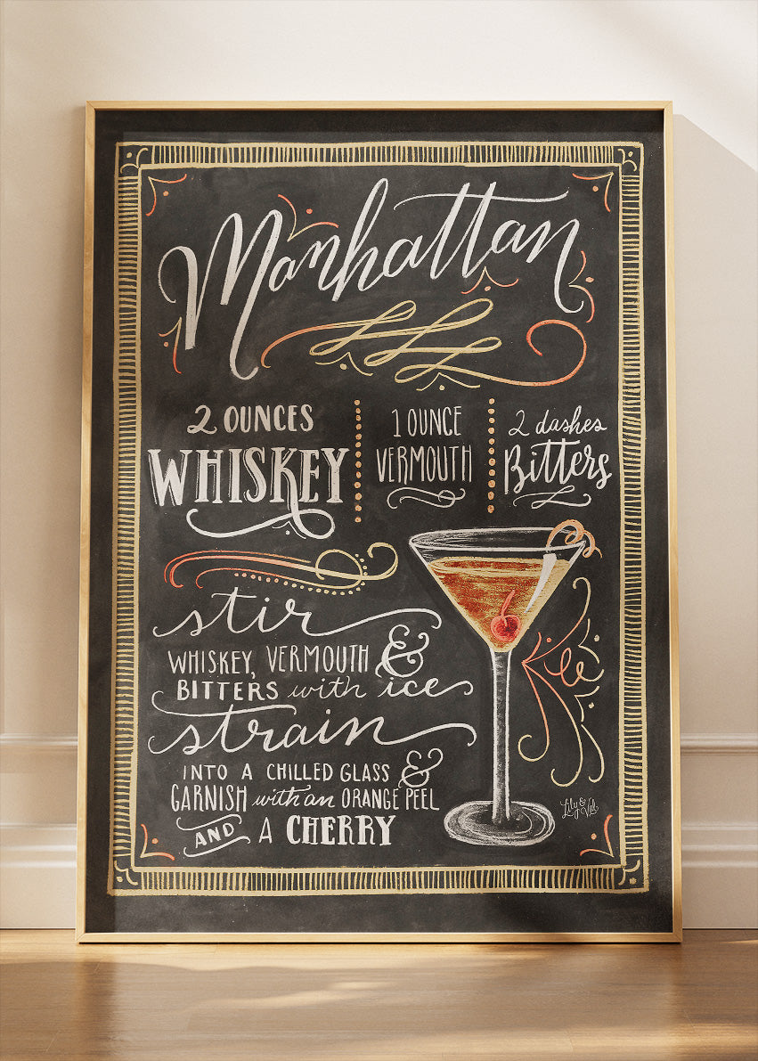 Manhattan Chalkboard Cocktail Recipe Poster & Canvas Print | Vintage Bar Wall Art