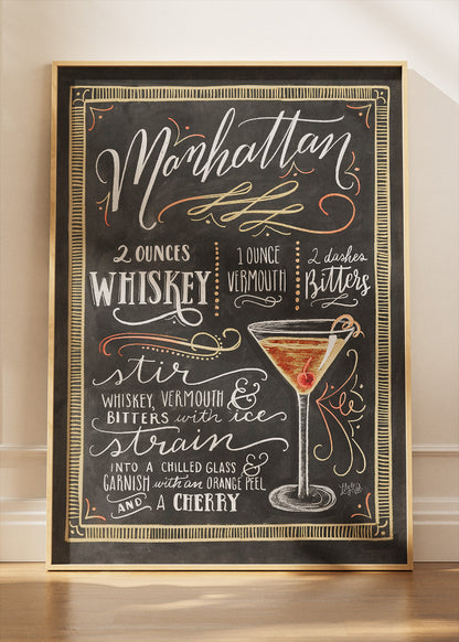 Manhattan Chalkboard Cocktail Recipe Poster & Canvas Print | Vintage Bar Wall Art