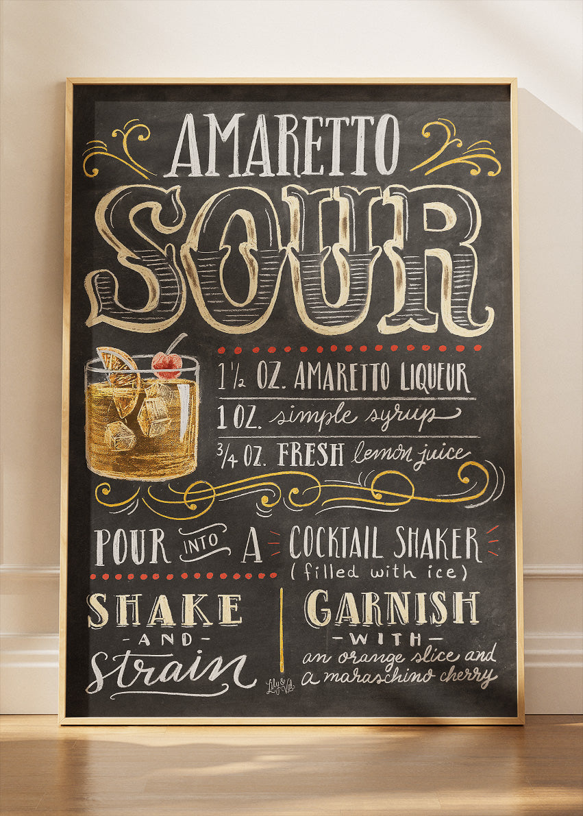 Amaretto Sour Recipe Poster & Canvas Print | Vintage Chalkboard Cocktail Wall Art