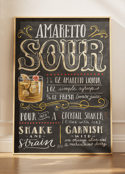 Amaretto Sour Recipe Poster & Canvas Print | Vintage Chalkboard Cocktail Wall Art