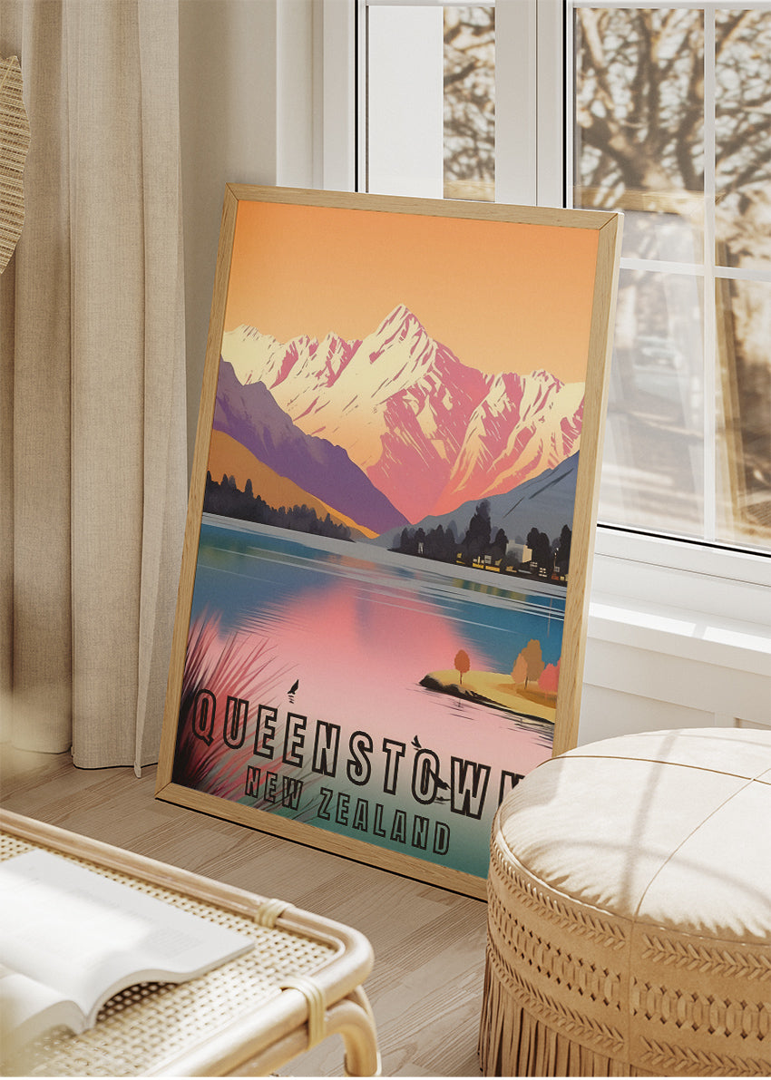 Queenstown New Zealand Poster & Canvas Print – Modern Illustrated Sunset Mountain Art