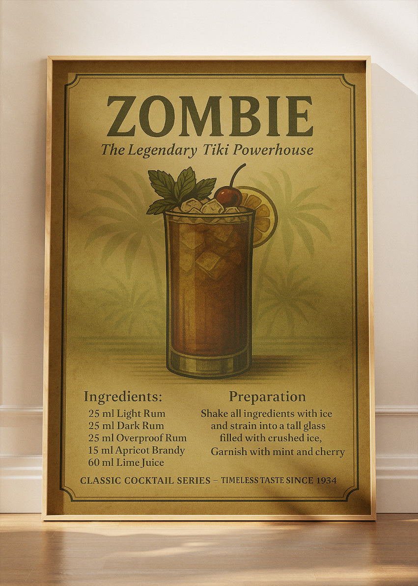 Zombie Vintage Tiki Cocktail Poster & Canvas Print | Classic Recipe Bar Wall Art