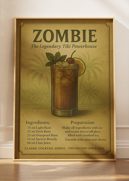 Zombie Vintage Tiki Cocktail Poster & Canvas Print | Classic Recipe Bar Wall Art