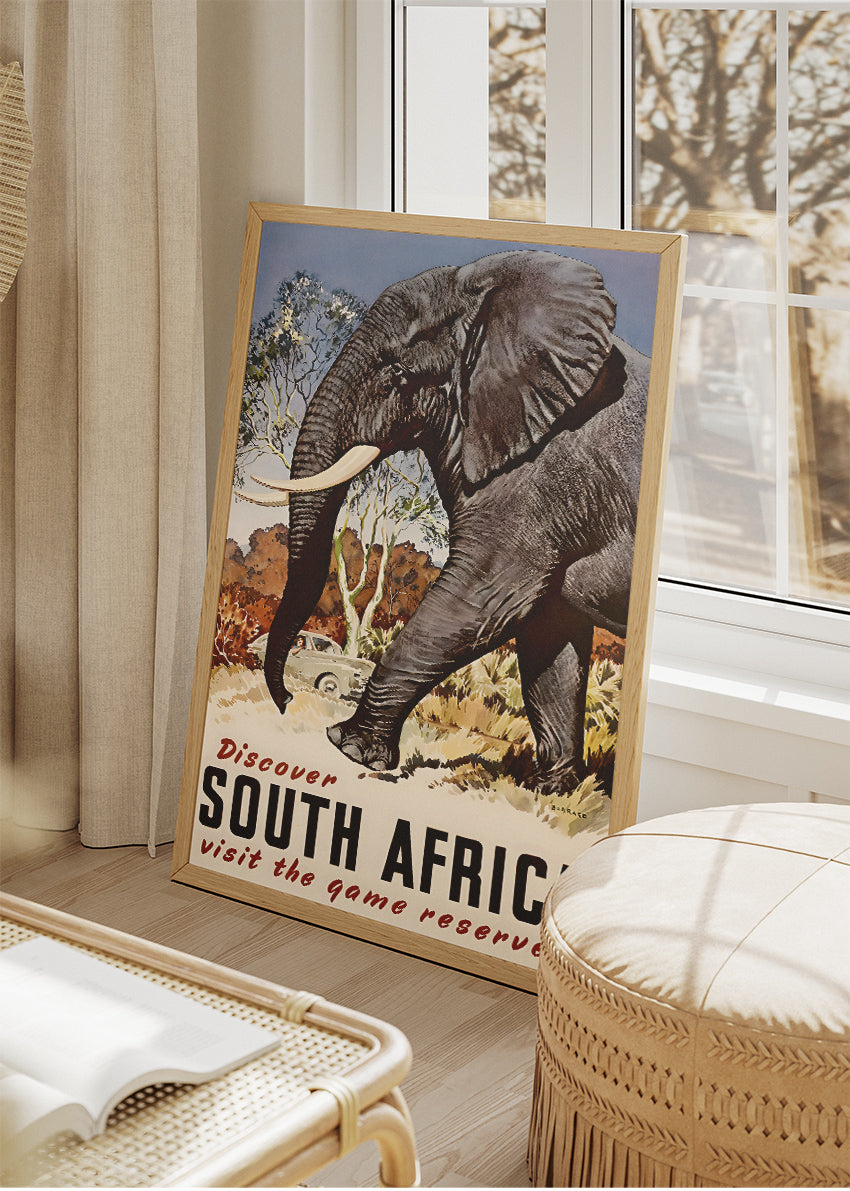 South Africa Elephant Safari Poster & Canvas Print – Vintage Wildlife Travel Art