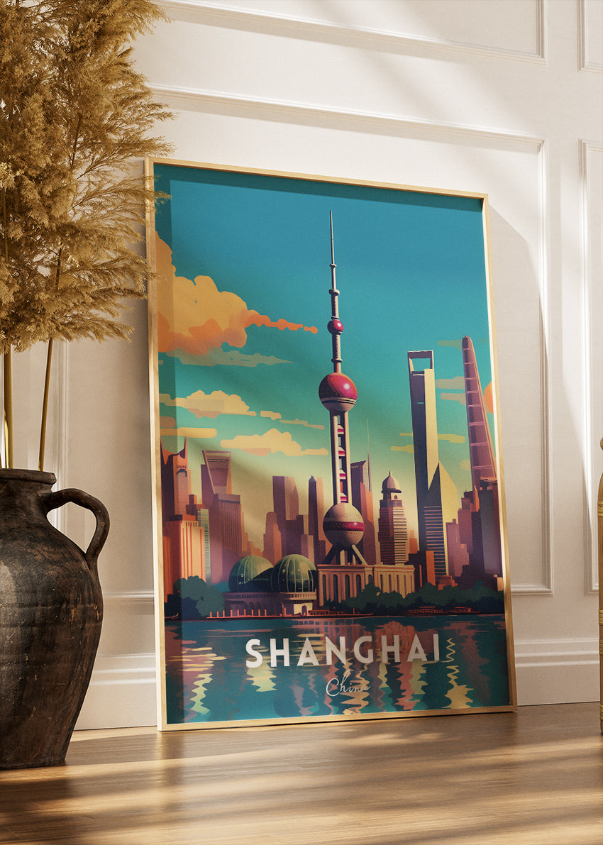 Shanghai China Travel Poster & Canvas Print – Skyline Illustration Wall Art