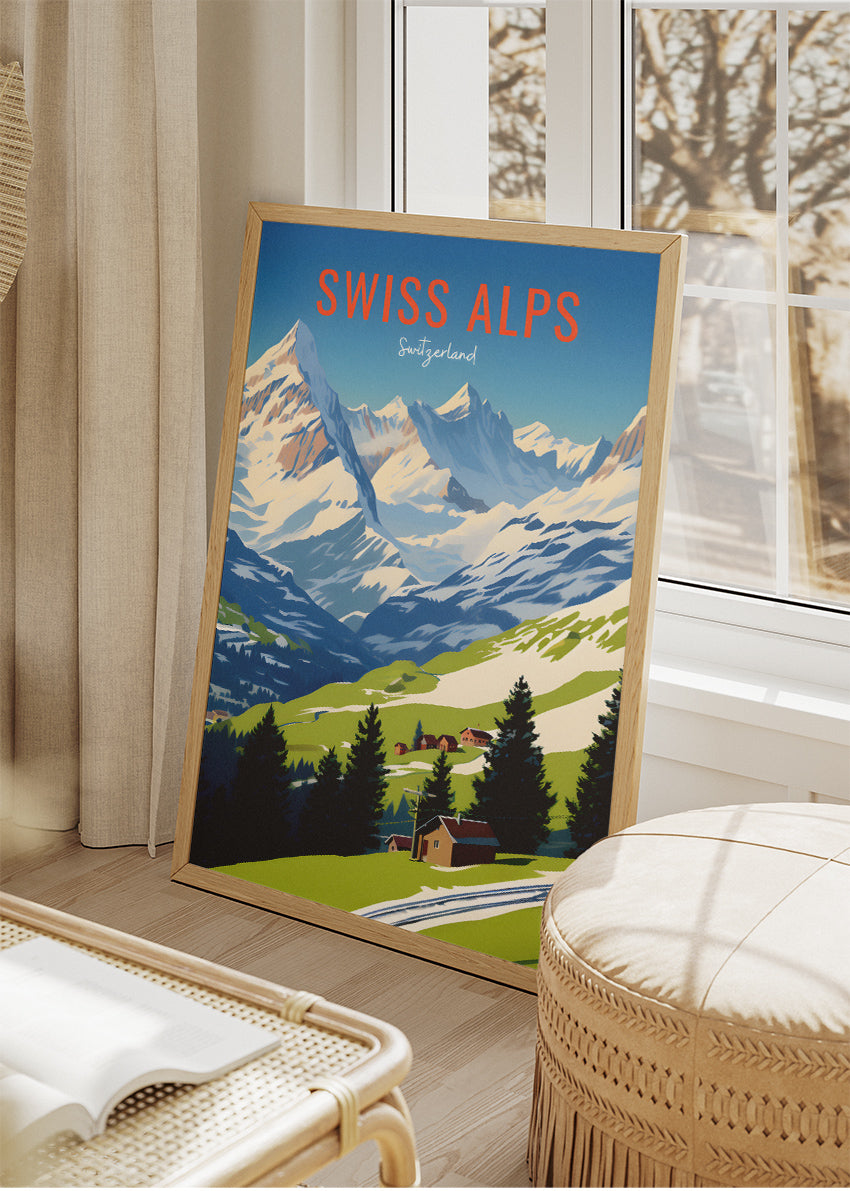 Swiss Alps Switzerland Poster & Canvas Print – Illustrated Mountain Landscape Travel Art