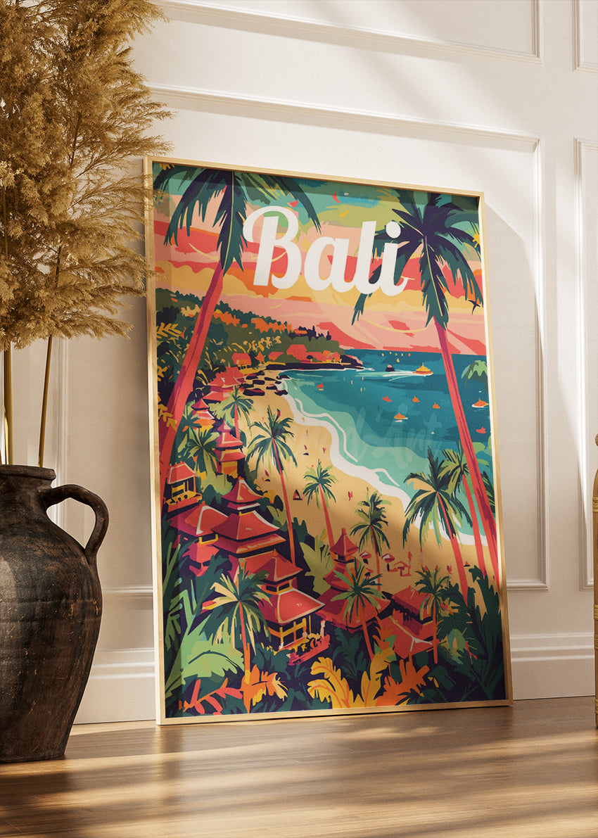 Bali Tropical Beach Retro Poster & Canvas Print – Illustrated Island Paradise Art