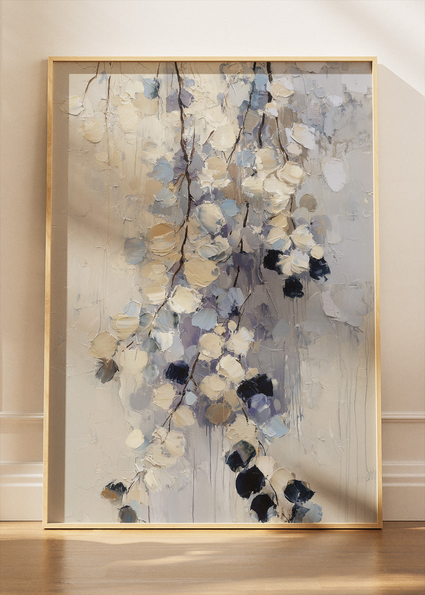 Soft Neutral Abstract Floral Wall Art – Textured Blue & Beige Canvas Print | Modern Botanical Portrait Poster