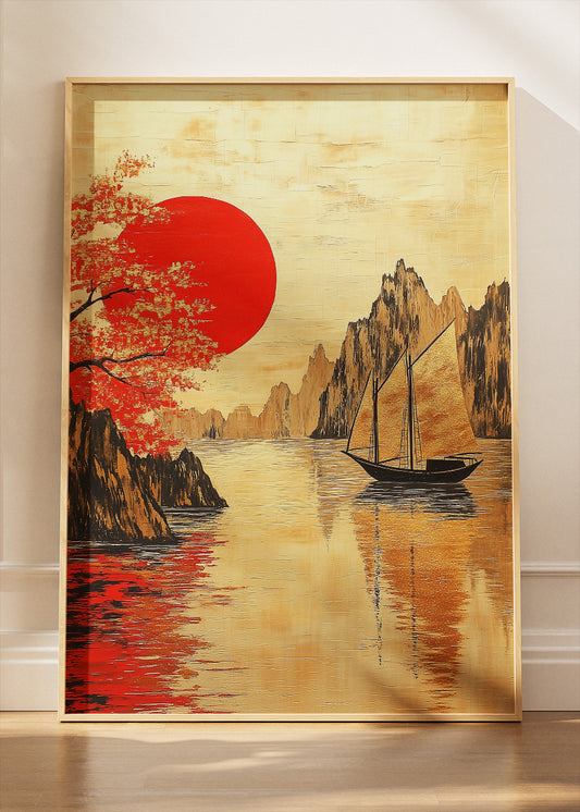Golden River Sunset with Red Sun – Oriental Inspired Sailboat Wall Art – AI PRINT LAB