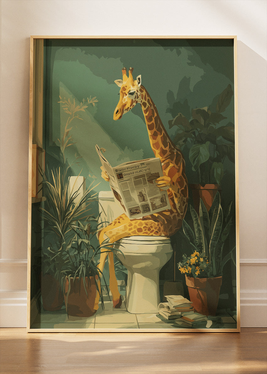 Funny Giraffe Poster & Canvas Print – Reading Newspaper Bathroom Art