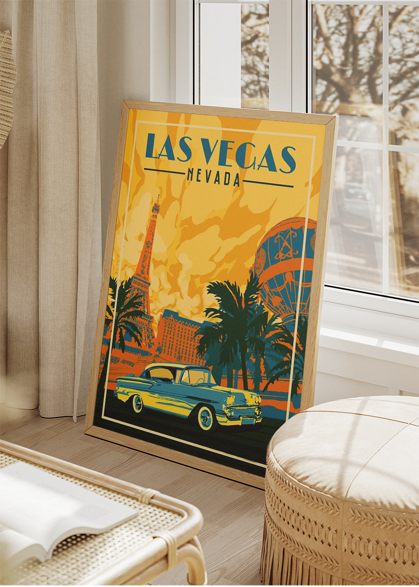 Las Vegas Nevada Poster & Canvas Print – Retro Strip & Classic Car Illustration