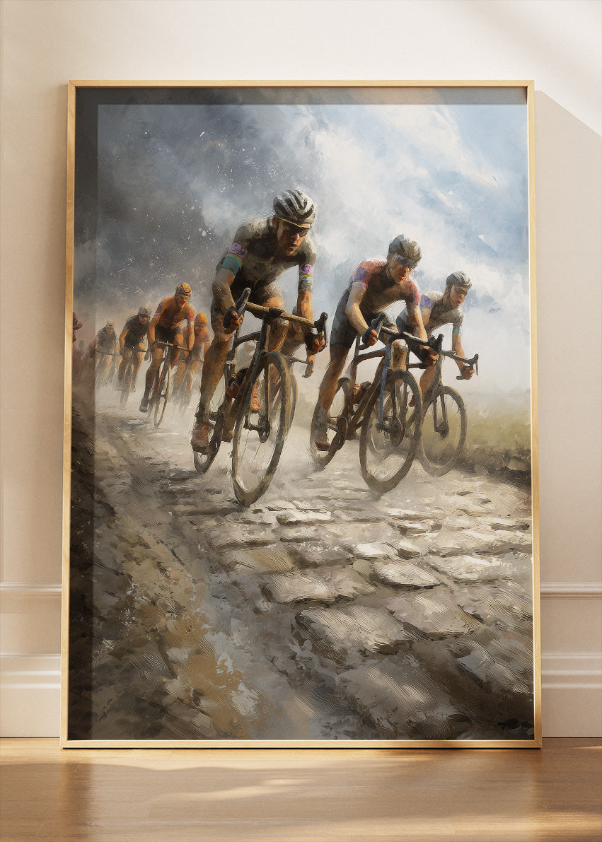 Cobbled Classics Cycling Art Print & Canvas – Peloton in the Storm