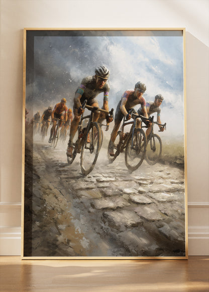 Cobbled Classics Cycling Art Print & Canvas – Peloton in the Storm