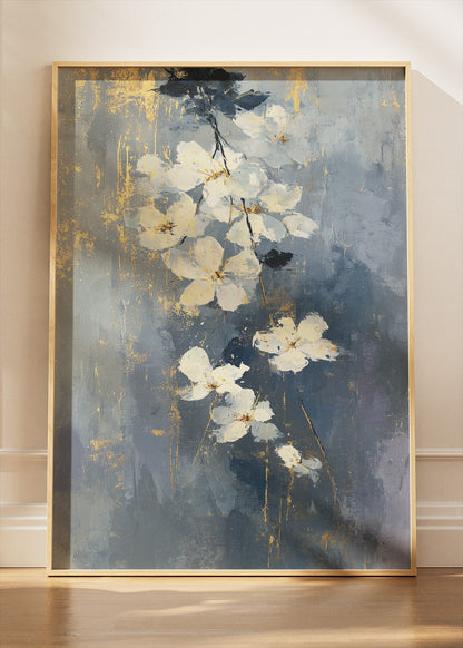 Blue & Gold Floral Wall Art – Elegant White Blossom Canvas Print | Textured Botanical Portrait Poster
