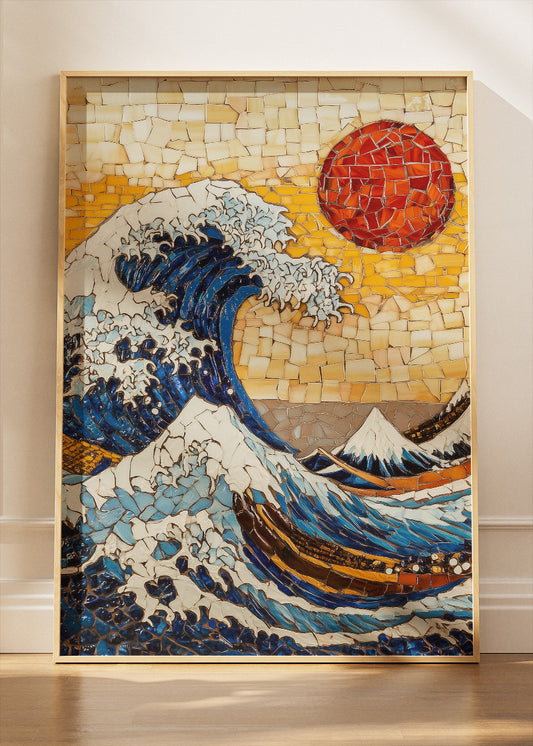 Textured Mosaic Wave with Red Sun – Japanese Inspired Ocean Wall Art – AI PRINT LAB