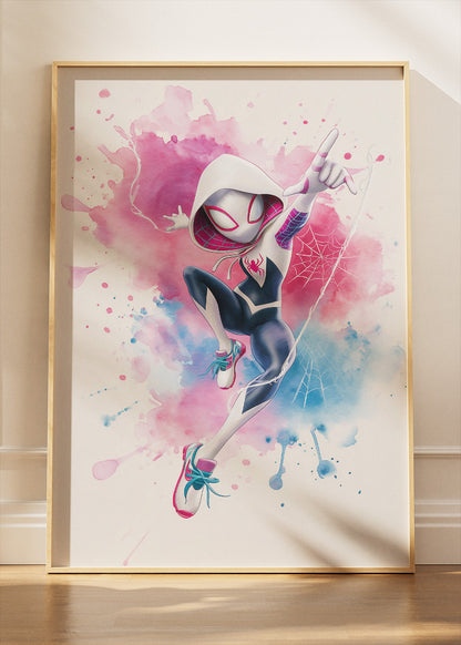 Spider-Gwen – Watercolor Splash Action Canvas & Poster Print – AI PRINT LAB