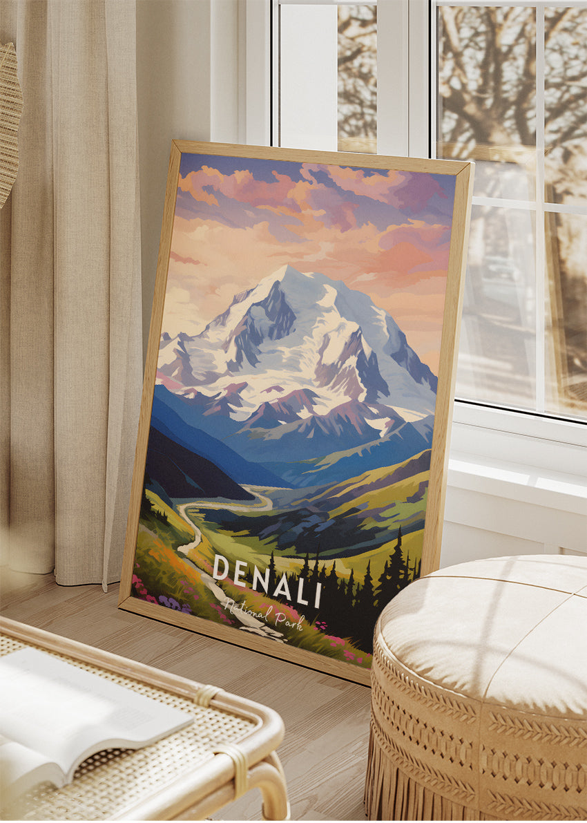 Denali National Park Poster & Canvas Print – Mountain Landscape Illustration Wall Art