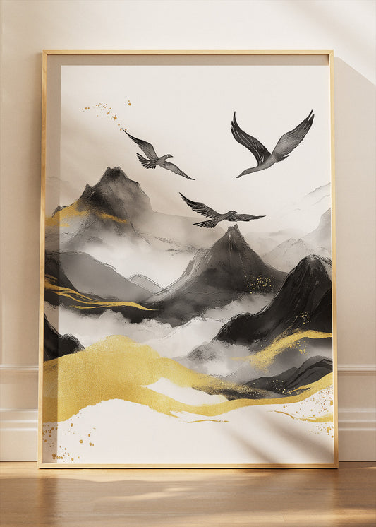 Minimal Black & Gold Mountain Landscape – Elegant Crane Wall Art – AI PRINT LAB