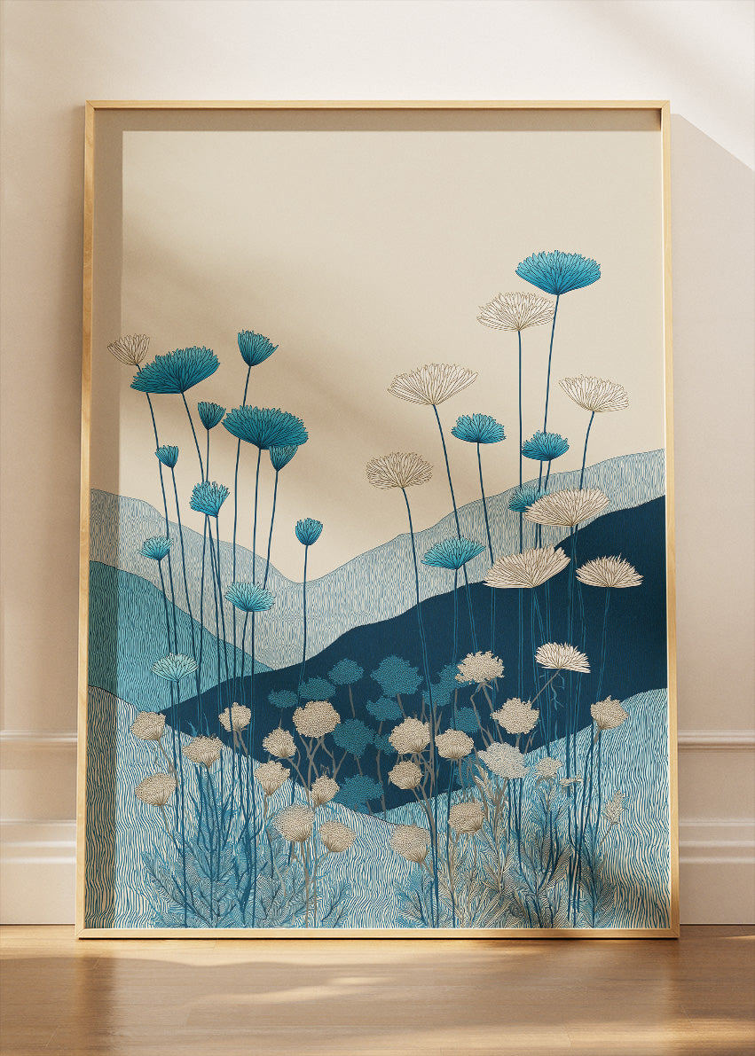 Blue Meadow Botanical Wall Art – Minimalist Floral Landscape Canvas Print | Modern Nature Portrait Poster