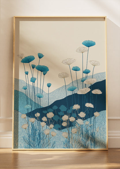 Blue Meadow Botanical Wall Art – Minimalist Floral Landscape Canvas Print | Modern Nature Portrait Poster