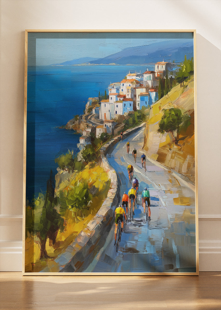 Coastal Road Cycling Art Print & Canvas – Peloton Above the Sea