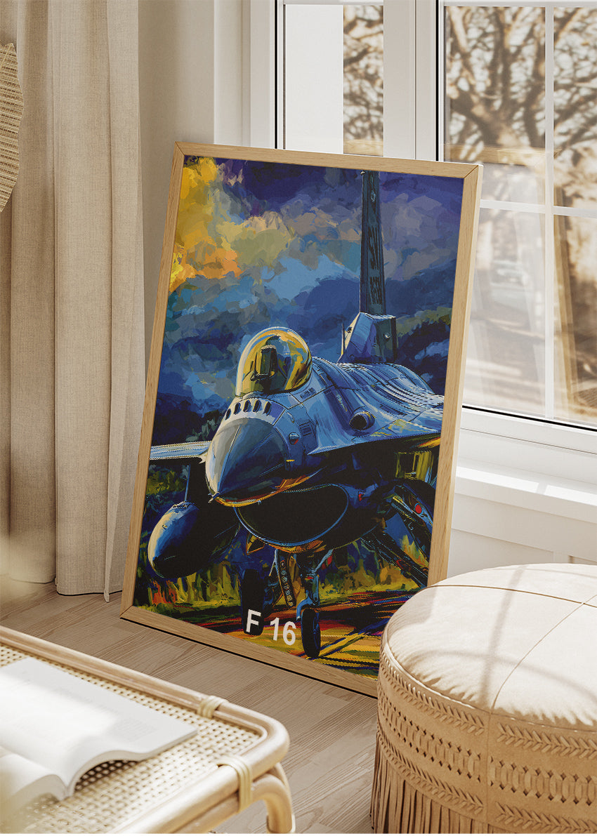 F-16 Fighting Falcon Poster & Canvas Print – Blue Tactical Jet Illustration – AiPrintLab